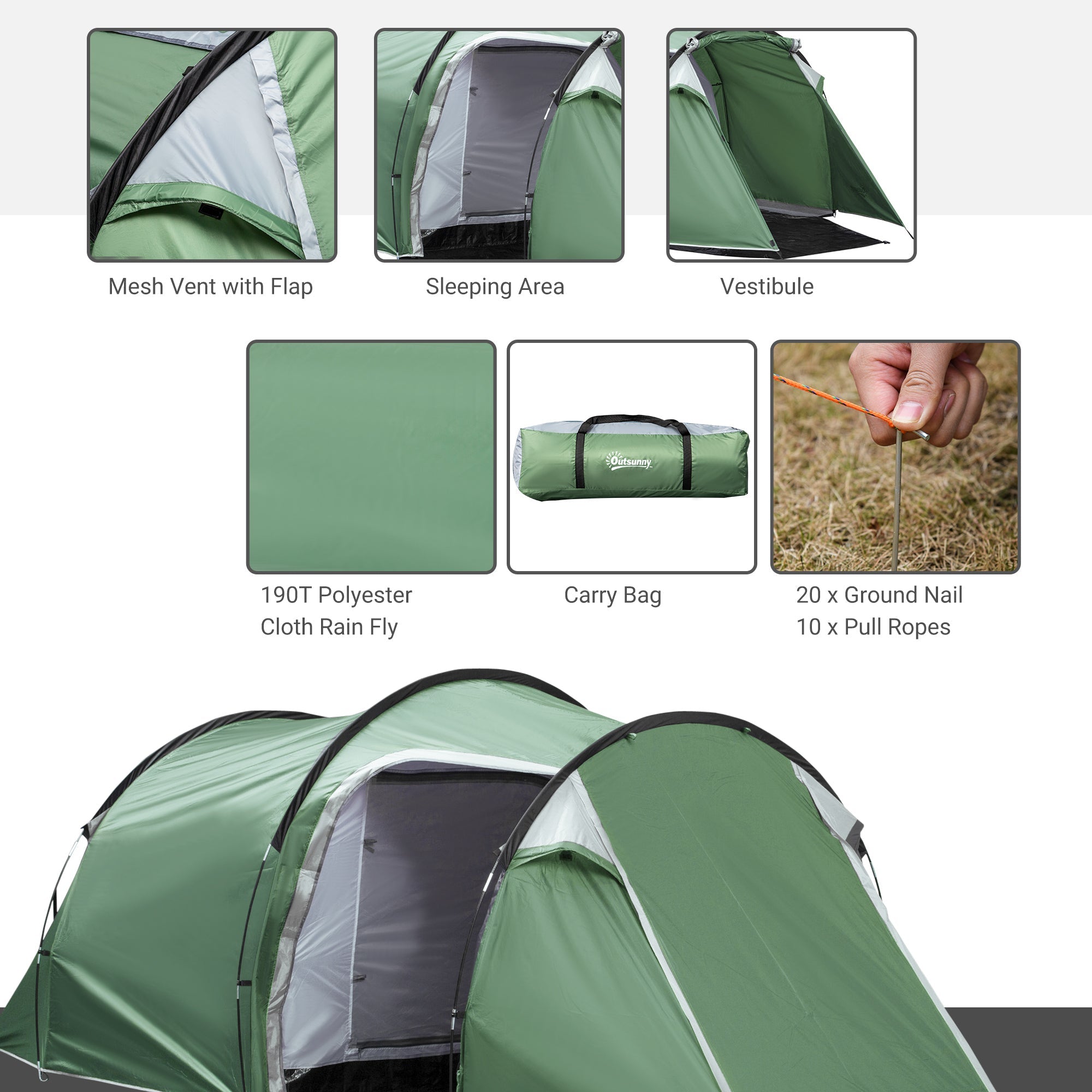 Outsunny Weatherproof Dome Camping Tent w/ Vestibule for 2-3 Person Screen Room Lightweight Backpacking Tent for Fishing