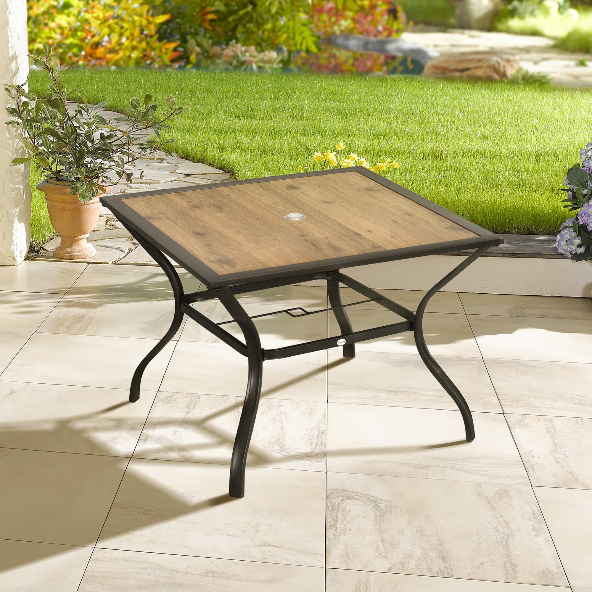 Outsunny Square Outdoor Dining Table for 4 with PC Board Top Patio Table for Backyard Poolside Garden Mixed Brown