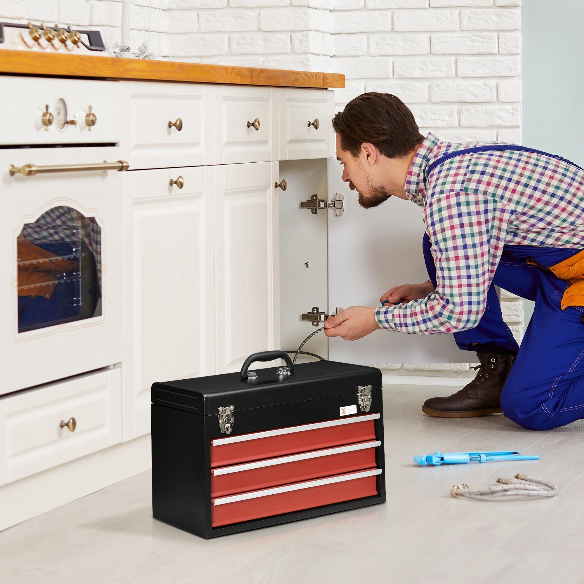 DURHAND Metal Tool Box Portable Organizer Tool Chest with 3 Drawers Metal Latch Closure for Garage Household Warehouse