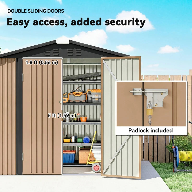 6.5' x 4' Outdoor Storage Shed, Metal Garden Shed with Lockable Double Doors, 4 Vents, Brown