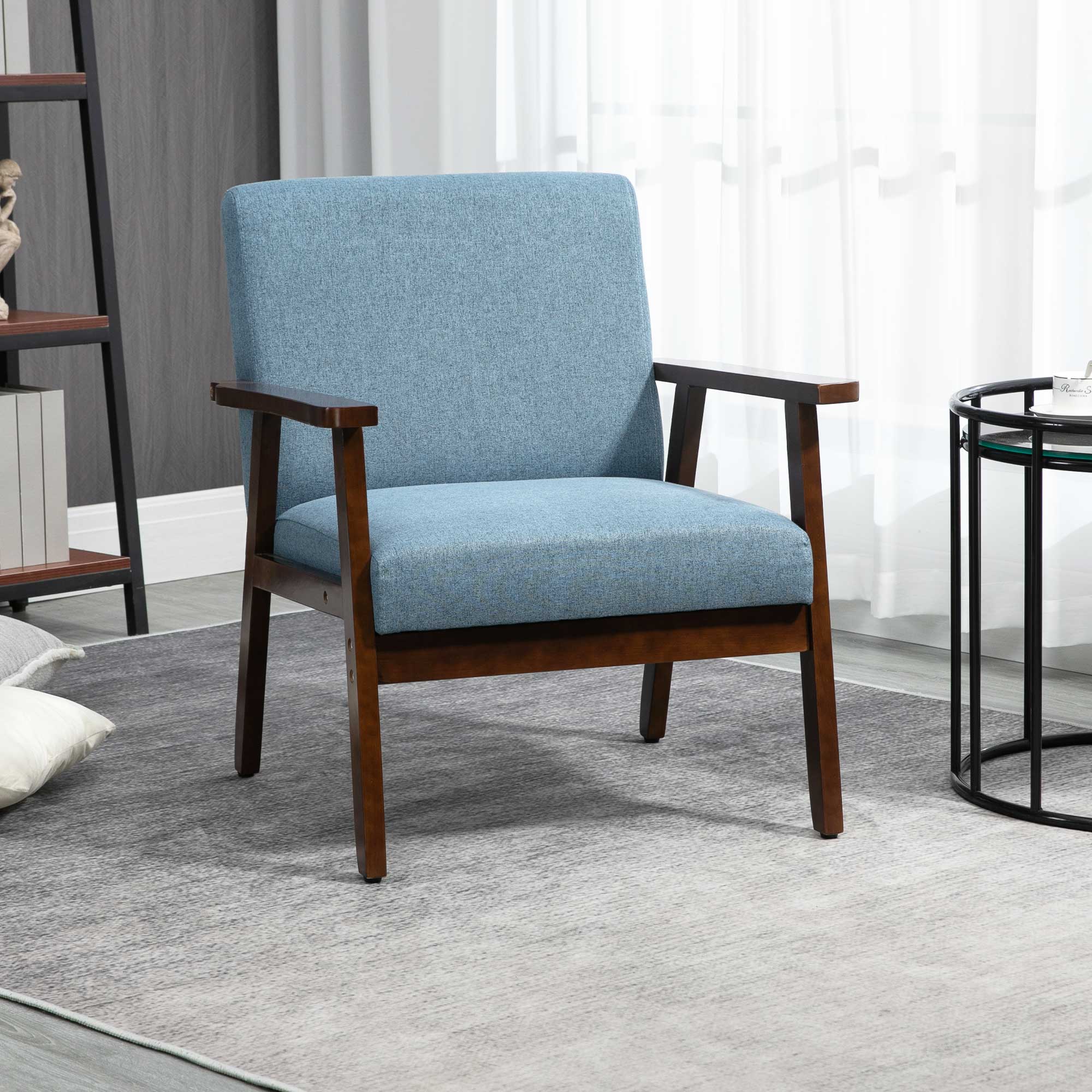 HOMCOM Modern Linen Armchair: Cushioned Seat, Wood Legs, Bedroom/Living Room, Blue