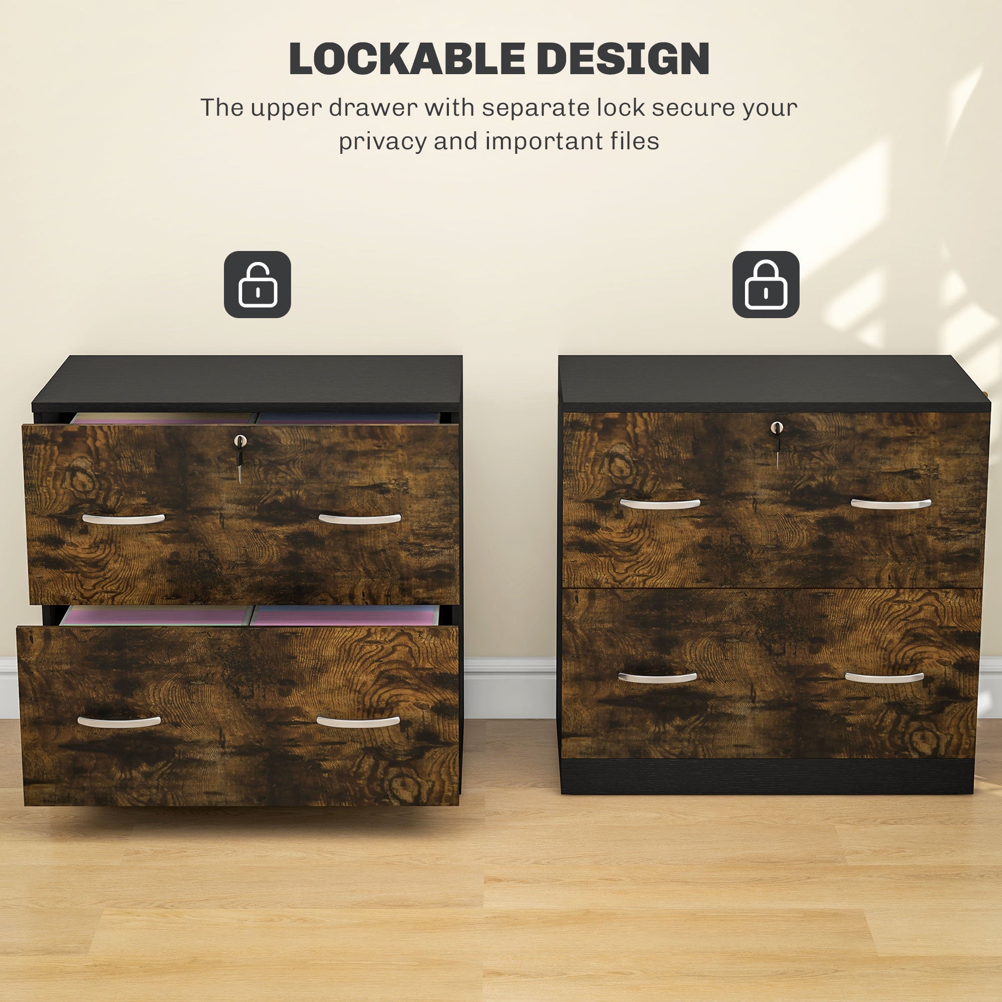 Vinsetto 2 Drawer File Cabinet with Lock, Office Filing Cabinet, Hanging Bar for Letter Size, Home Office, Rustic Brown