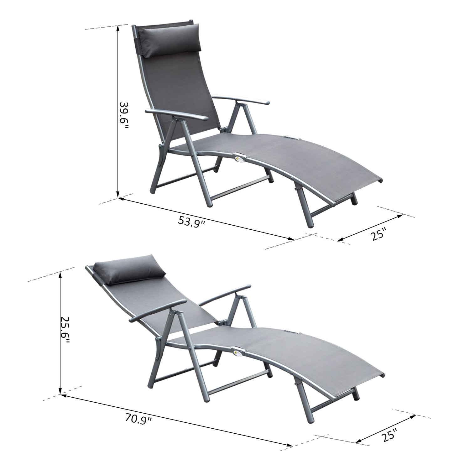 Outsunny Folding Patio Chaise Lounge Chair Recliner Adjustable Garden with Pillow Grey
