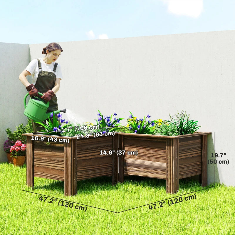 Raised Garden Bed, Wooden Elevated Planter Box Outdoor with Legs, for Vegetables, Flowers, Herbs, L-shaped, Carbonized