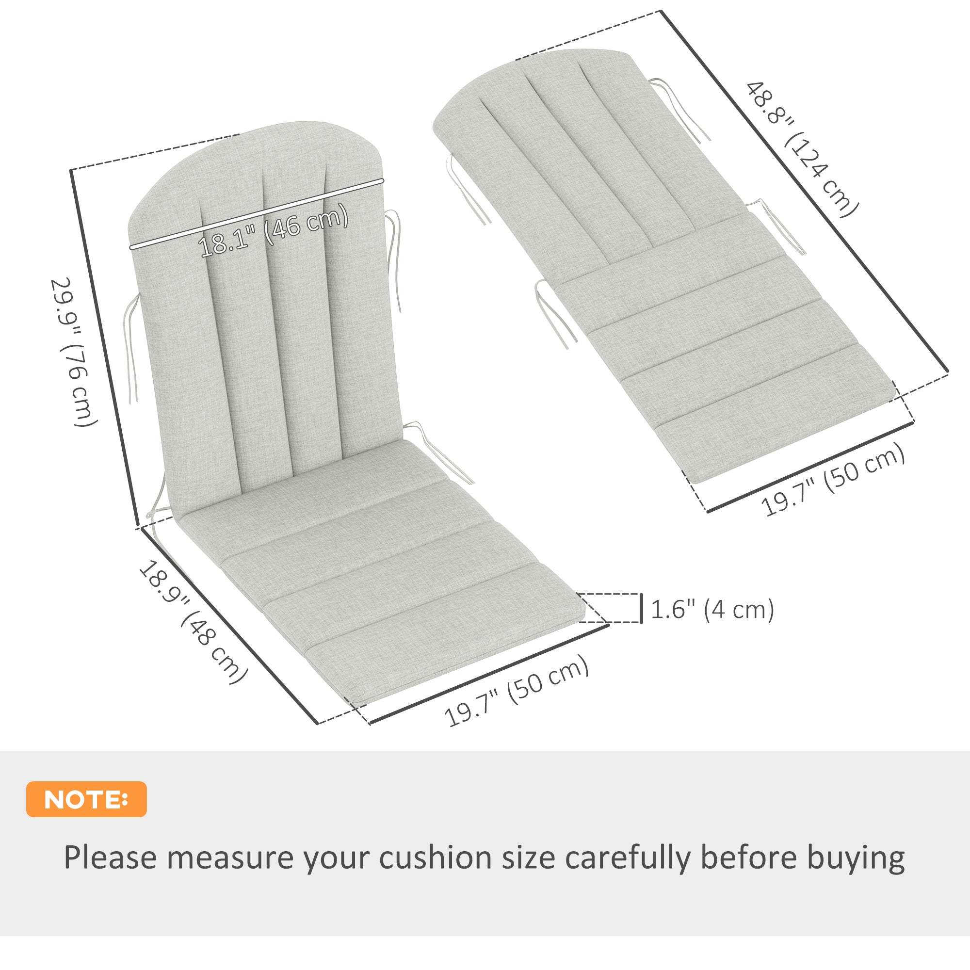 Outsunny Set of 2 Patio Chair Cushions, High Back Adirondack Chair Cushion with Ties, High-Density Foam, Light Grey