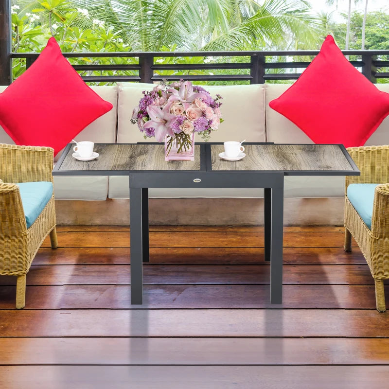 Extendable Dining Table, Rectangular Patio Outdoor Table with Aluminum Frame and Plastic Board Tabletop for Lawn, Beige