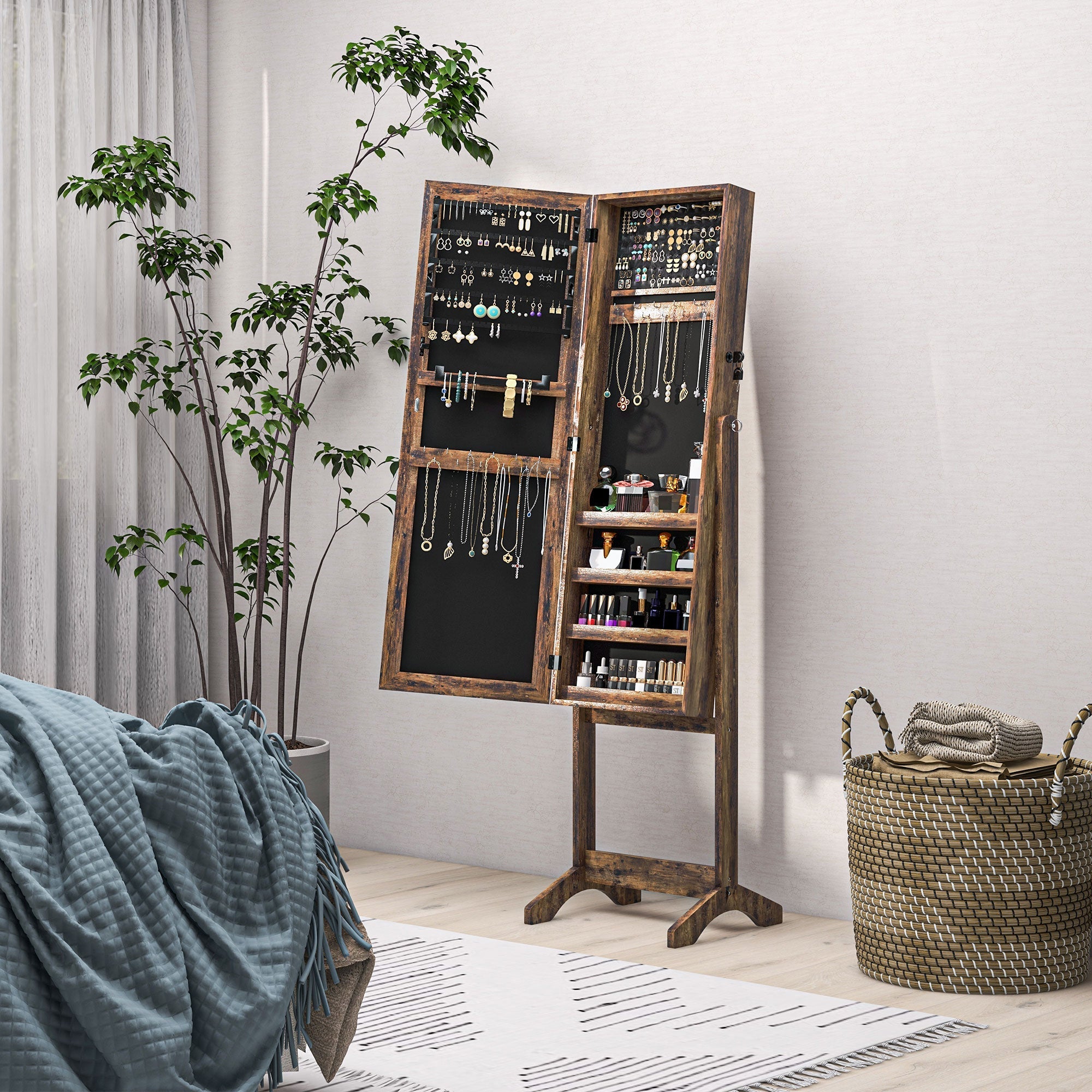 HOMCOM Lockable Jewelry Armoire Full Length Mirror 3 Angle Adjustments Wooden Storage Cabinet Rustic Brown