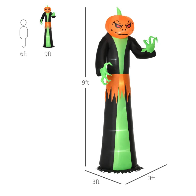 HOMCOM 9ft Inflatable Pumpkin Head Ghost – LED Blow-Up Halloween Decoration for Outdoor Lawn & Garden