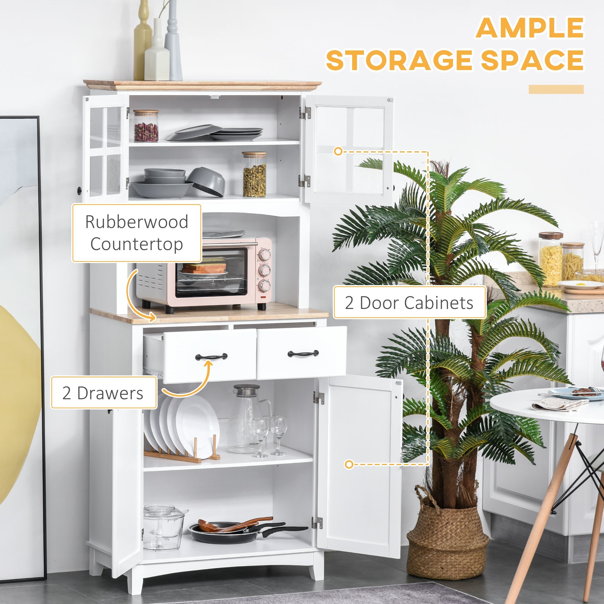 HOMCOM 68" Traditional Kitchen Pantry Storage Cabinet Cupboard Buffet Hutch Wooden Framed Glass Door Freestanding