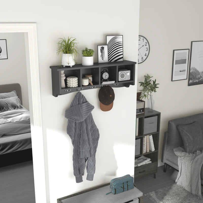 Coat Rack Wall Mount with Shelf, 28" Wall Coat Rack with 5 Hooks and 4 Compartments for Living Room, Entryway, Black