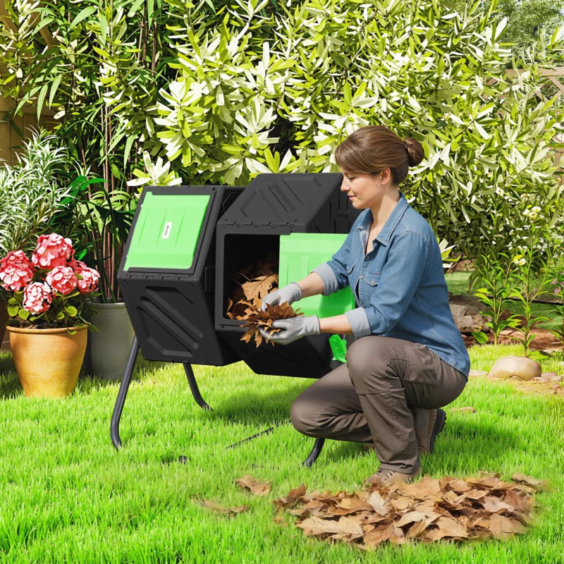 Rotating Composter, Dual Chamber Compost Bin with 24 Vents and Steel Legs, 34.5 Gallon, Green