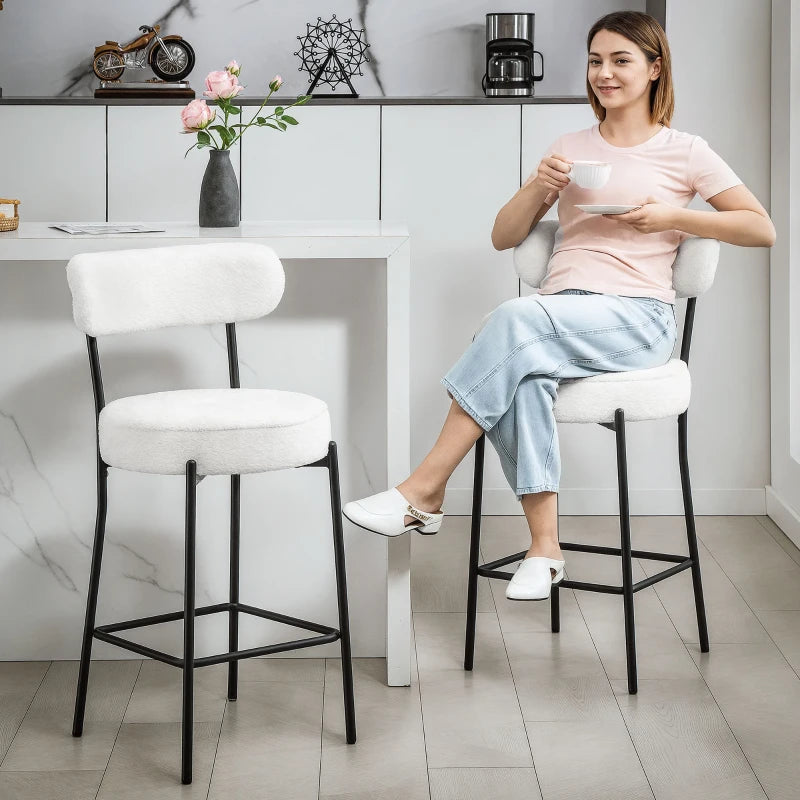 Set of 2 Barstools, Upholstered Bar Stools with Backrest, Footrest for Kitchen Island, Dining Room, Cream White