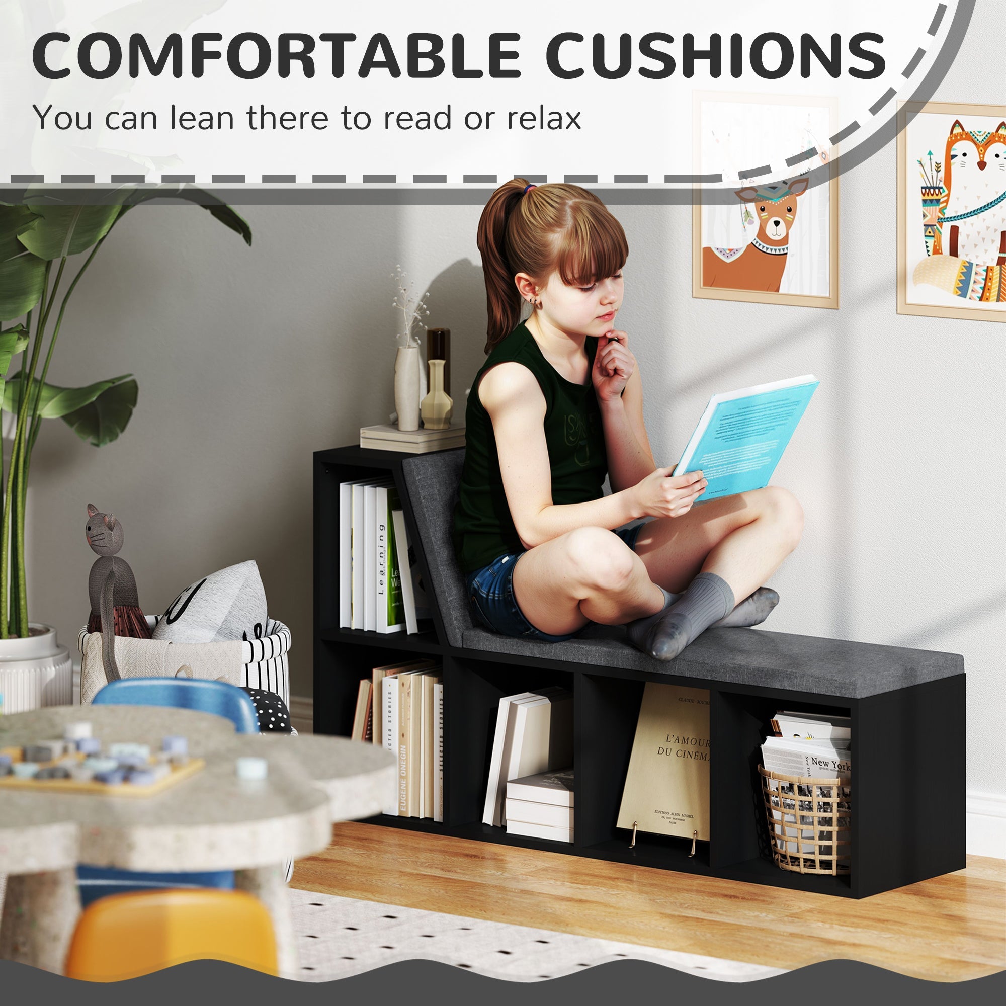 HOMCOM Multi-Purpose Bookshelf with 5 Cubes, 5-Cubby Bookcase with Cushioned Reading Nook and Storage Shelves, Distressed Black