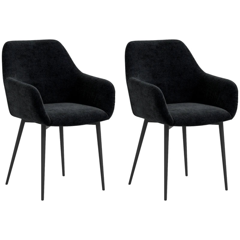 Dining Chairs Set of 2, Velvet-look Fabric Upholstered Kitchen Chairs with Backrest, Armrests and Steel Legs, Black