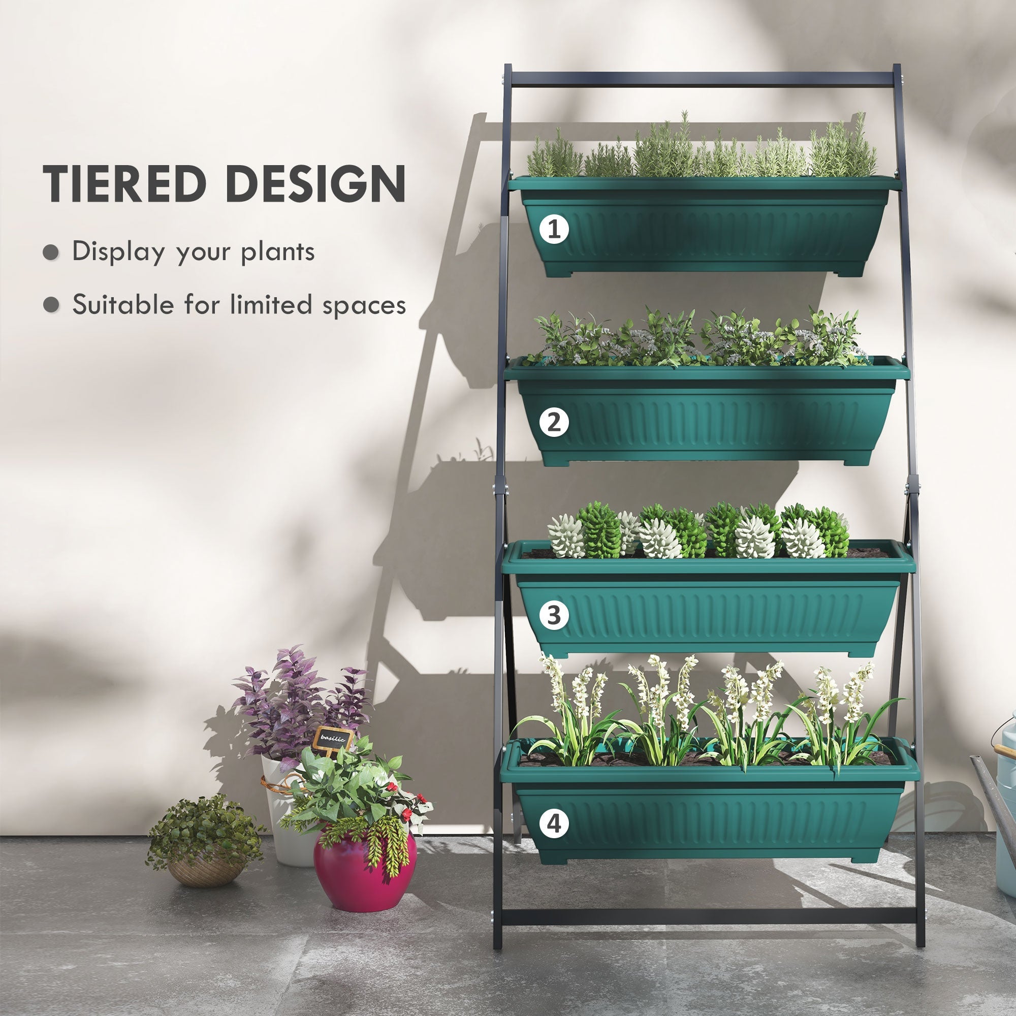 Outsunny 4-Tier Vertical Garden Planter 4 Planting Boxes Green Outdoor Stand for Vegetables Flowers Grow Container