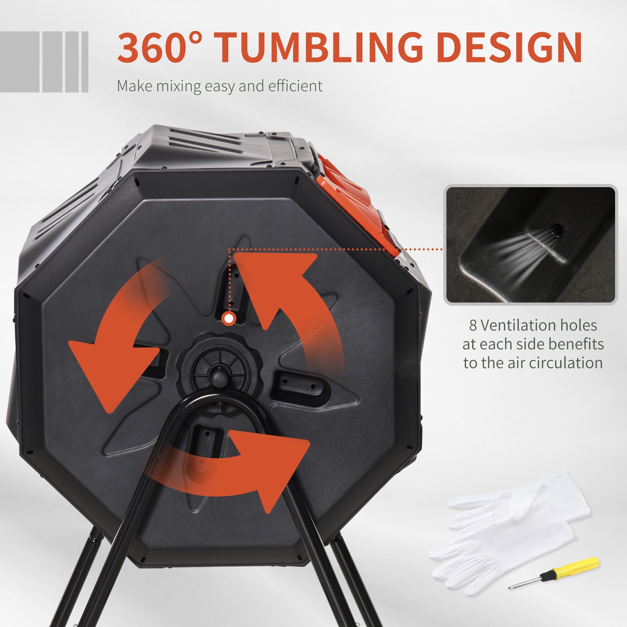 Outsunny Tumbling Composter Dual Chamber, 360° Rotation, 43 Gallon, Easy Access Sliding Doors, in Orange