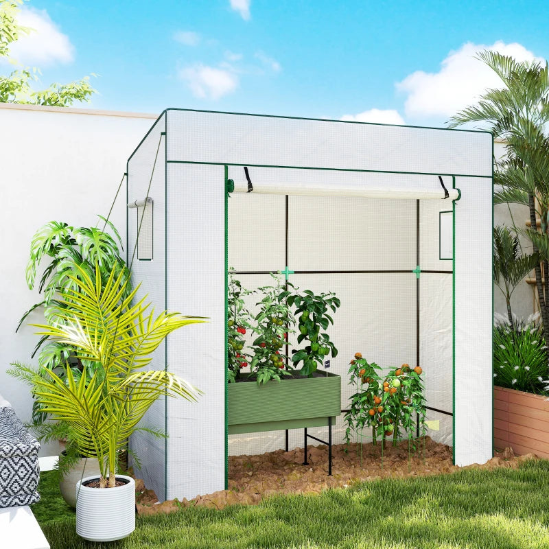 Walk-in Tomato Greenhouse Lean-to Green House with Reinforced PE Cover, Roll-up Door, Mesh Windows, White