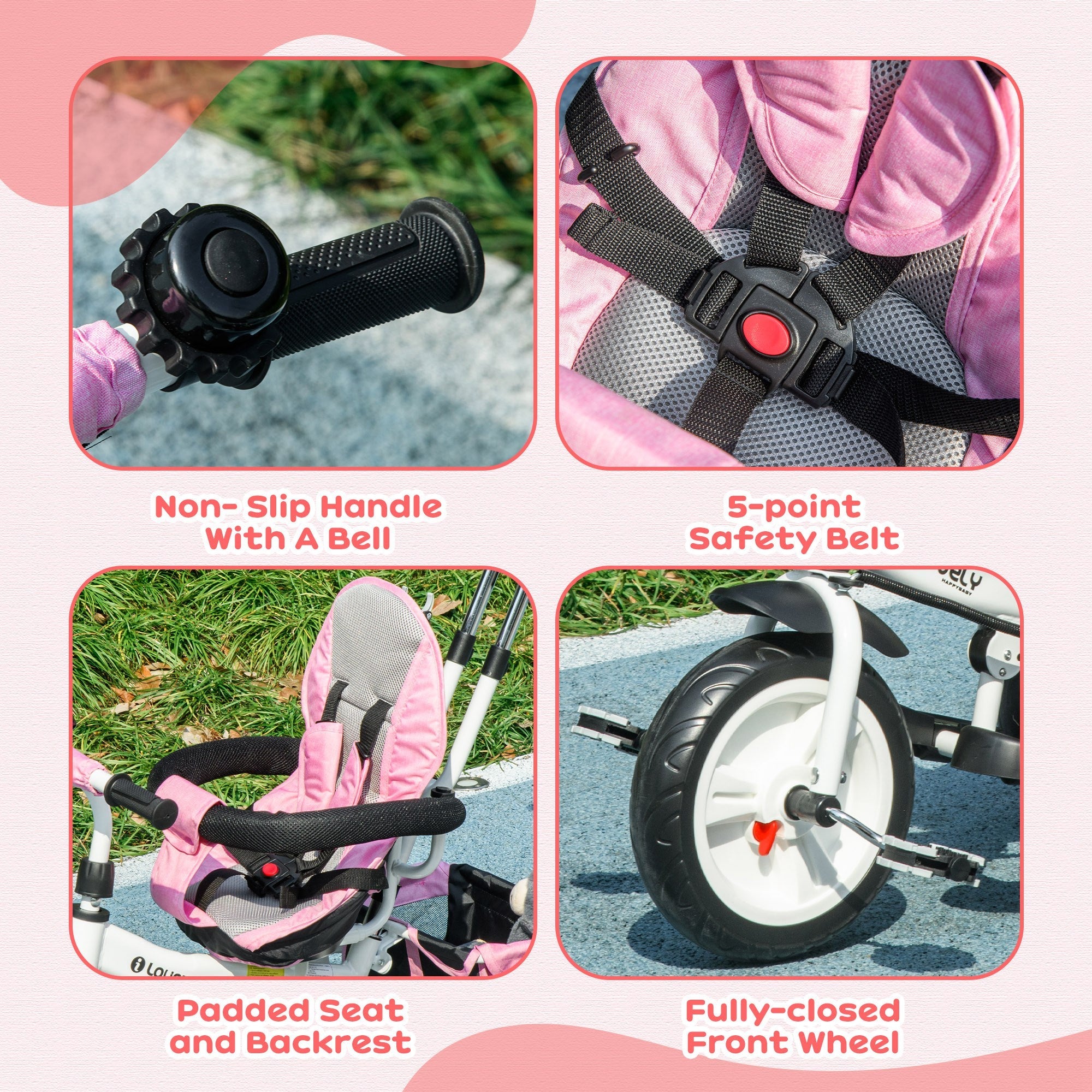 Qaba 4-in-1 Convertible Toddler Tricycle Stroller with Canopy Basket Safety Harness for Kids 12-60 Months Pink