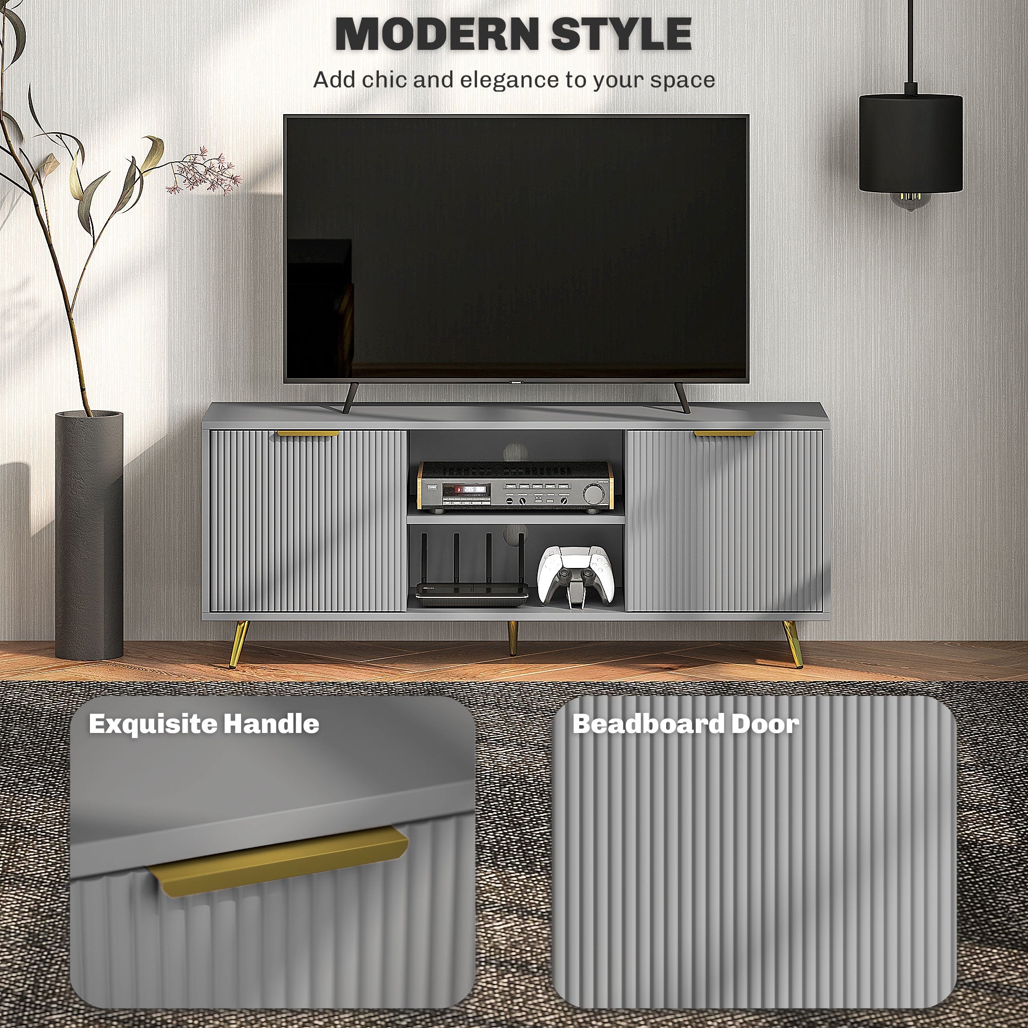 HOMCOM TV Stand with Storage for 55 Inch TV, Modern TV Cabinet with 2 Open Shelves and 2 Cabinets for Living Room, Grey