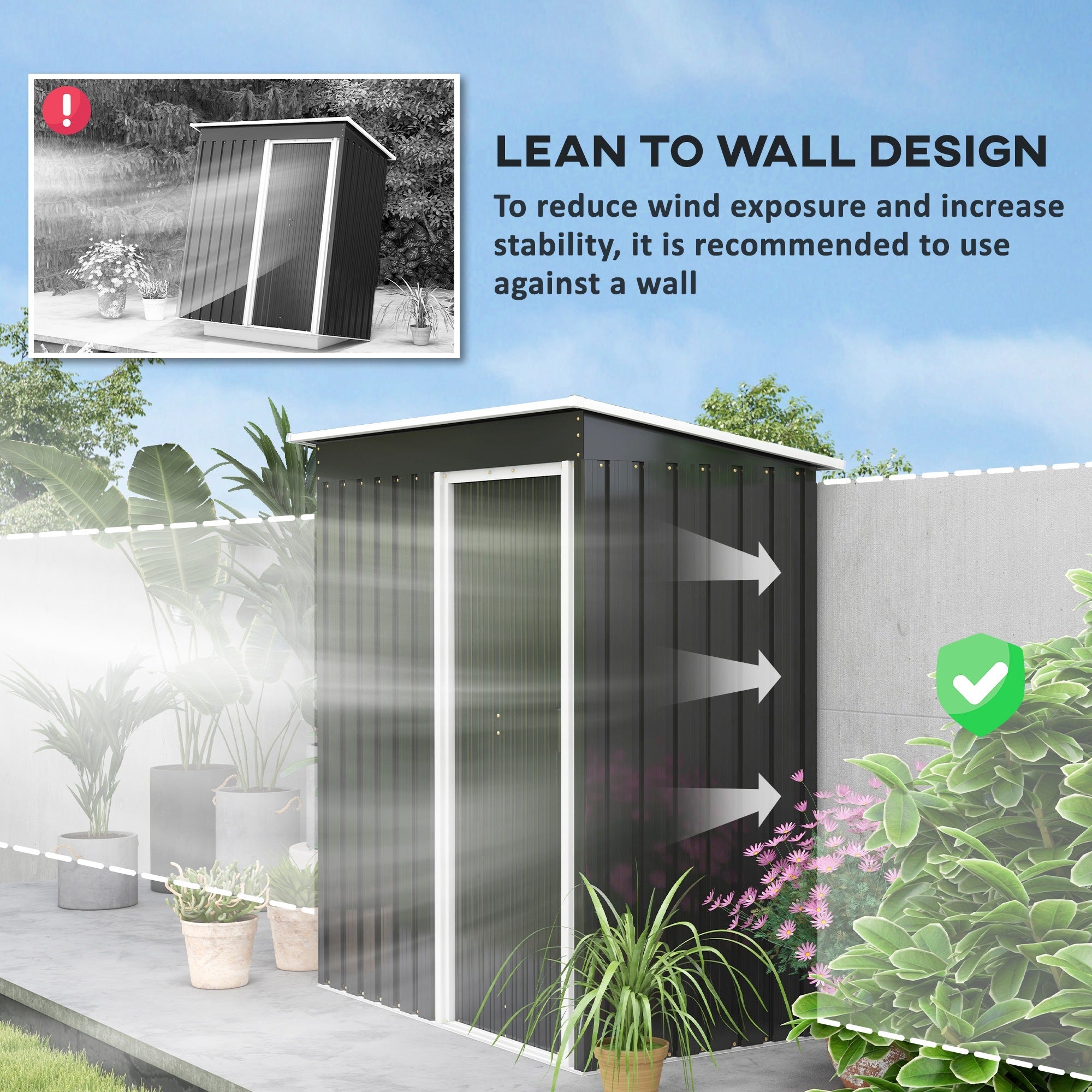 Outsunny Large Outdoor Shed 163x89x182cm Sliding Door, Sloped Roof, Sturdy Steel Frame, Tool Storage, in Black