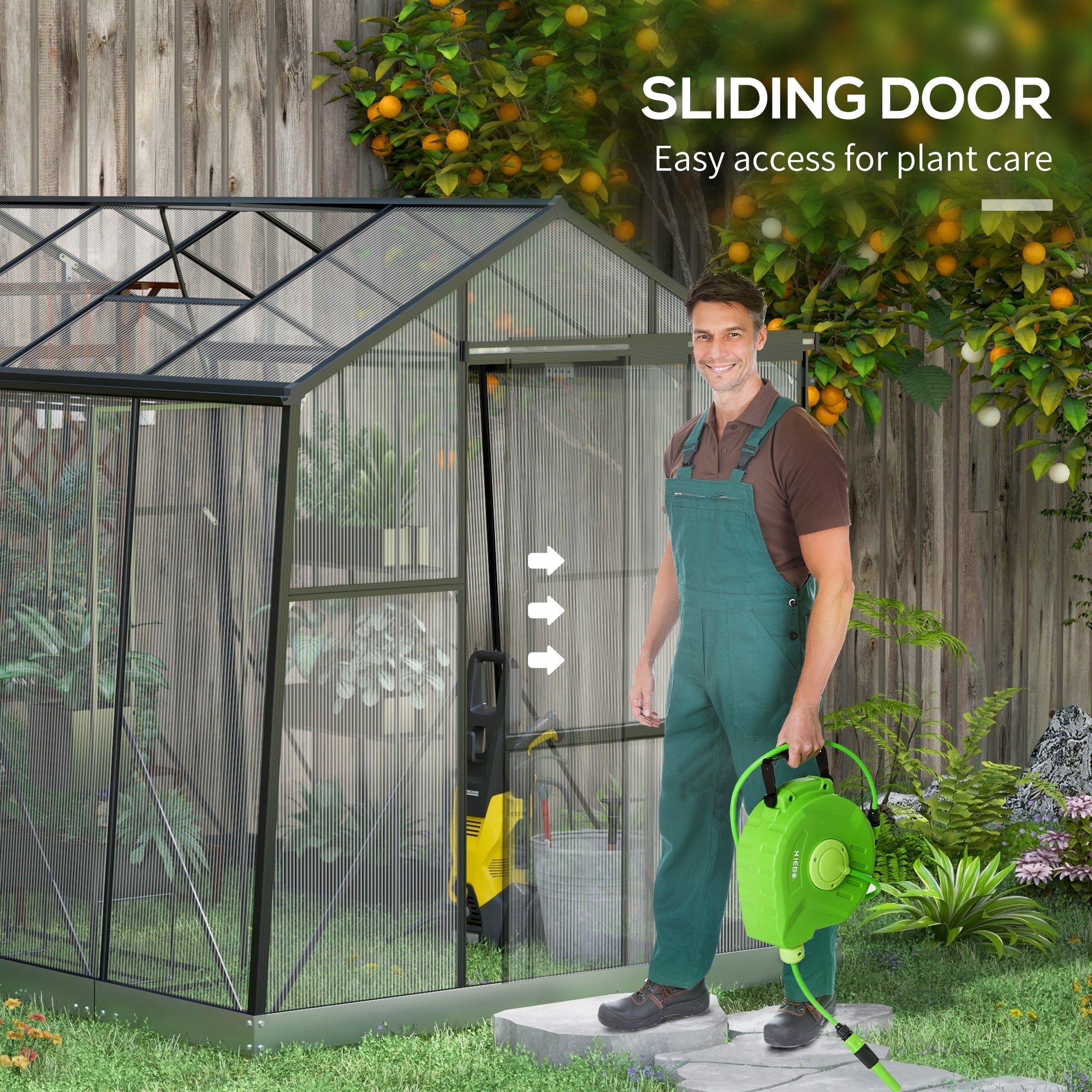 Outsunny 6'x8' Aluminium Walk-in Greenhouse with Polycarbonate Panels - Features Sliding Door, 5-Level Roof Vent, Rain Gutter