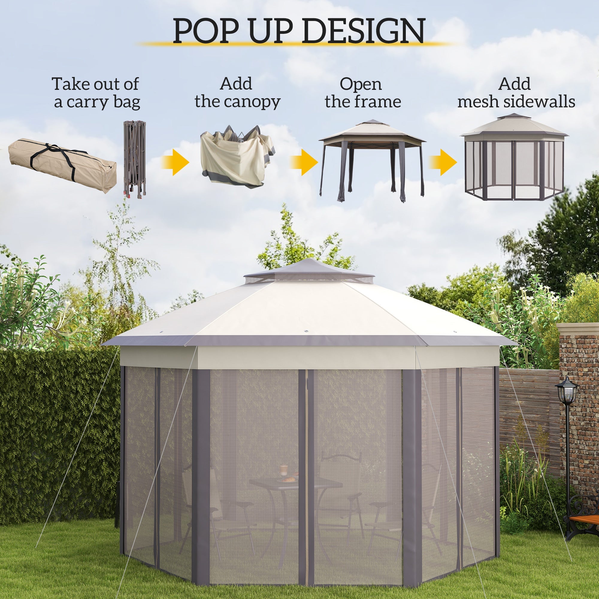 Outsunny Pop Up Patio Gazebo 13'x13', Double Roof Hexagon, Instant Outdoor Shelter with Netting, Coffee/Beige
