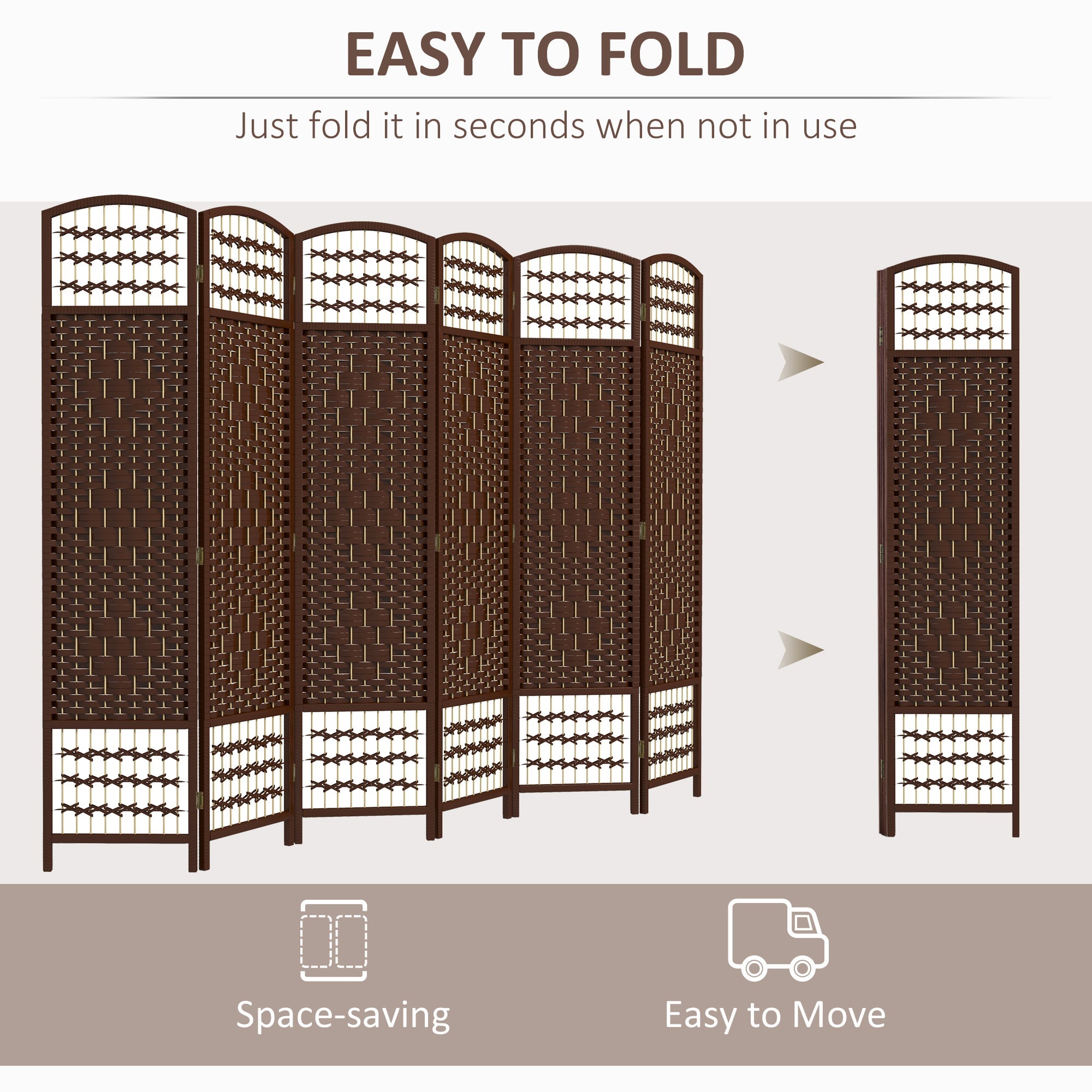 HOMCOM Wave Fiber Privacy Partition: 6 Panel Folding Room Divider Screen for Home Office, Brown Finish