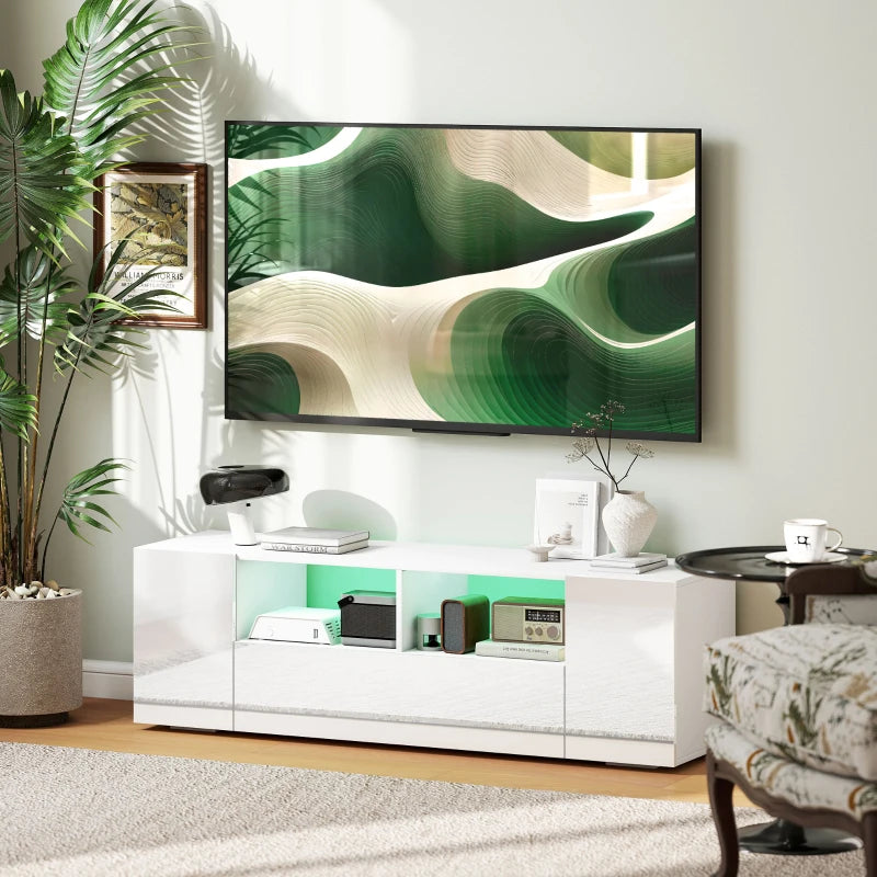 TV Stand for TVs up to 60", TV Unit with LED Lights, Storage Shelves and Cupboards, 53.9" x 13.8" x 16.5", White