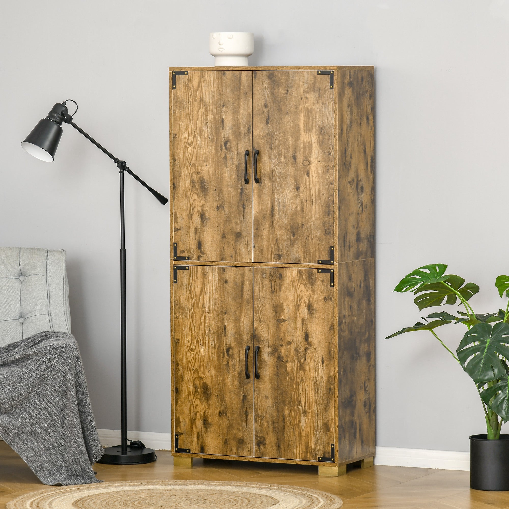 HOMCOM Farmhouse Rustic Brown Kitchen Pantry Storage Cabinet 4 Doors Shelves Cupboard Organizer Furniture
