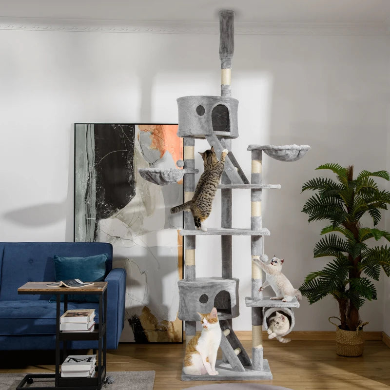 94"-102" Huge Cat Tree Ceiling High Cat Condo Scratching Post Activity Center Multi-Level Play House Light Grey