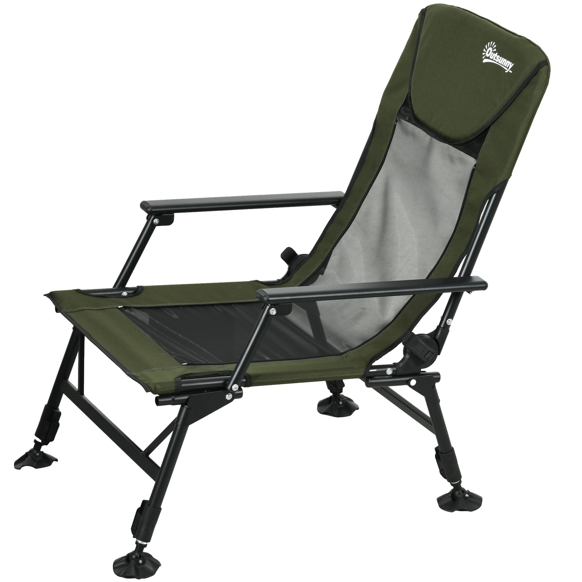 Outsunny Fishing Chair Heavy Duty 330lb Capacity Reclining Backrest Footrest Adjustable Legs Dark Green Color