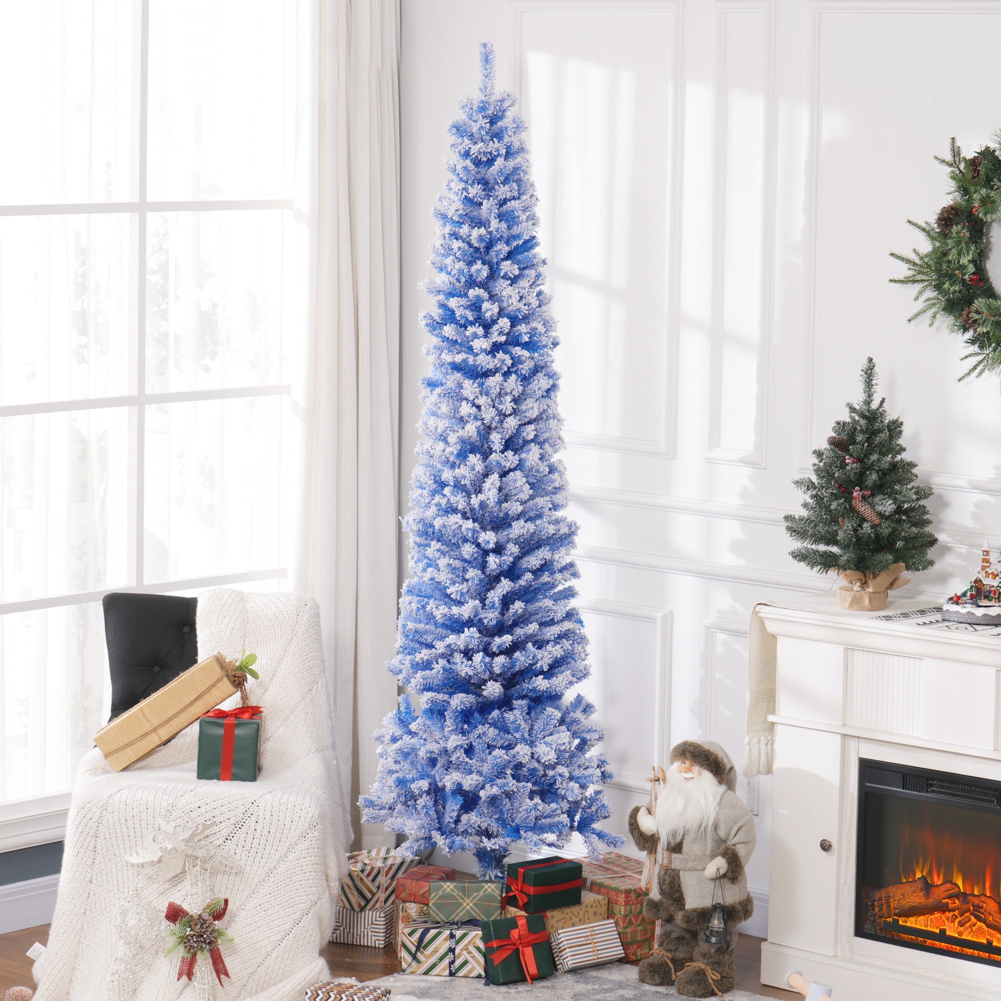HOMCOM 7.5ft Flocked Christmas Tree, Pencil Christmas Tree with Realistic Branch Tips, Folding Metal Stand, Blue