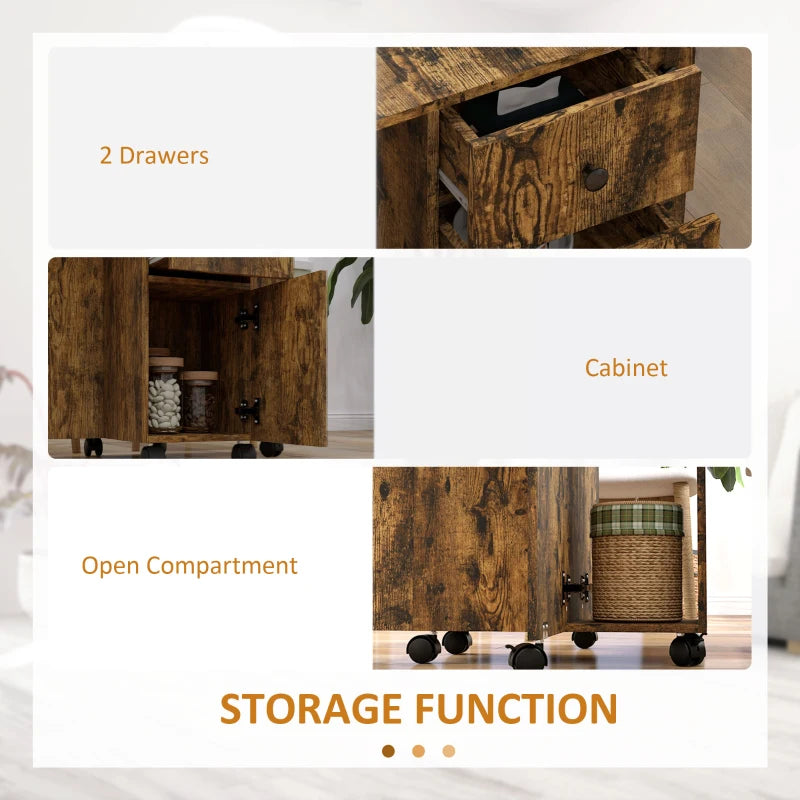 Drop Leaf Dining Table, Mobile Folding Table on Wheels with Drawers and Cabinet for Dining Room, Kitchen, Rustic Brown