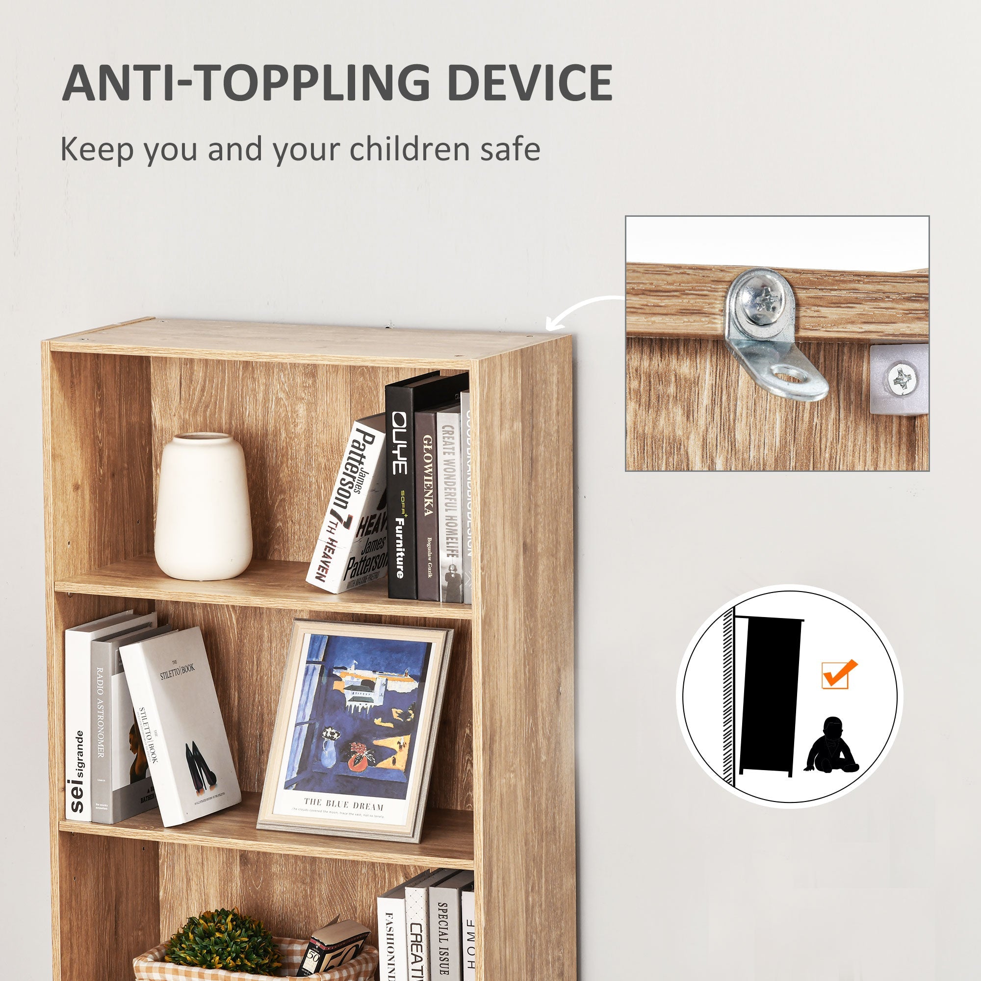 HOMCOM 5-Tier Bookcase: Adjustable Shelves Display Unit for Living Room/Office, Natural Wood