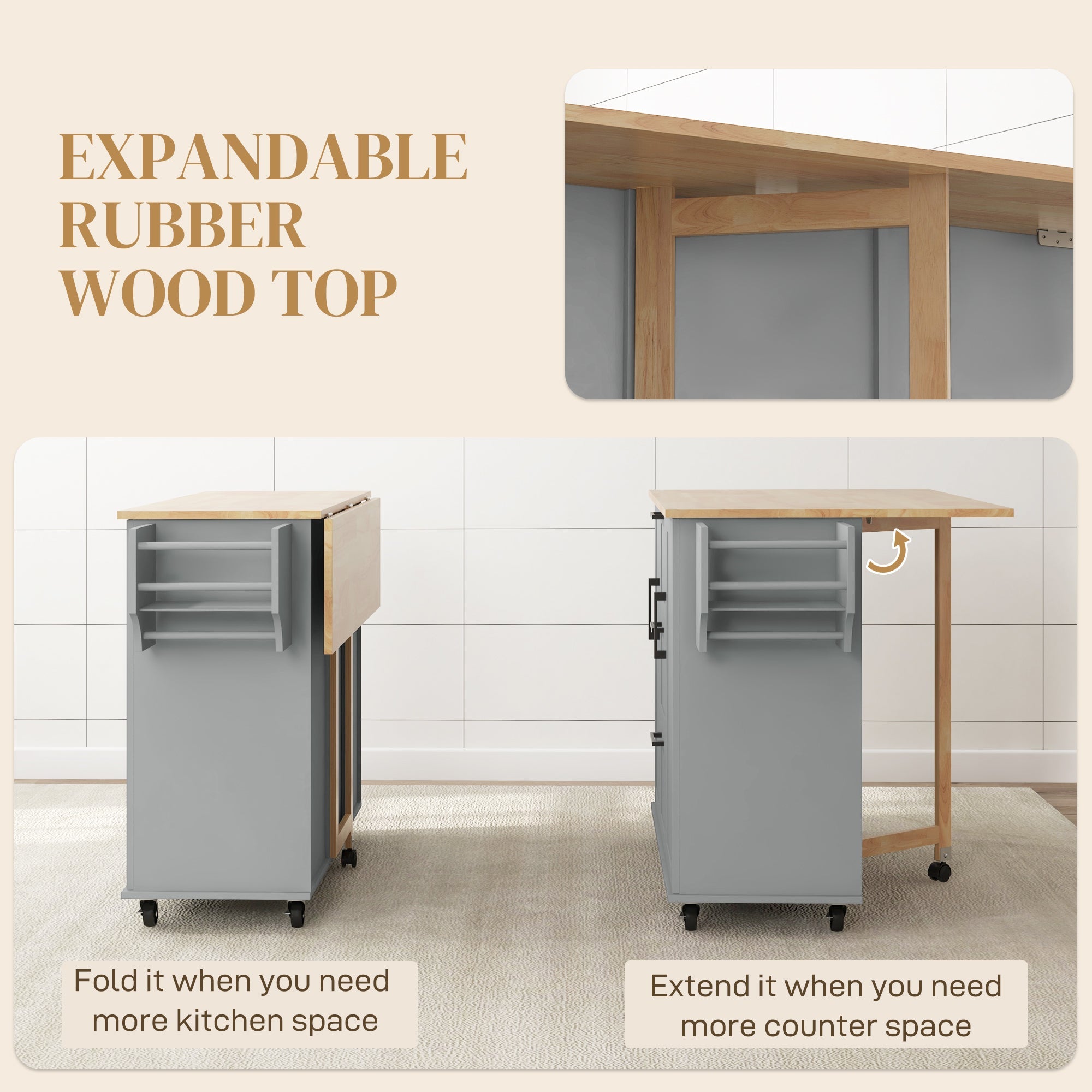 HOMCOM Rolling Kitchen Cart on Wheels with Drop Leaf, Kitchen Island with 3 Drawers, Solid Wood Top and Towel Rack, Grey