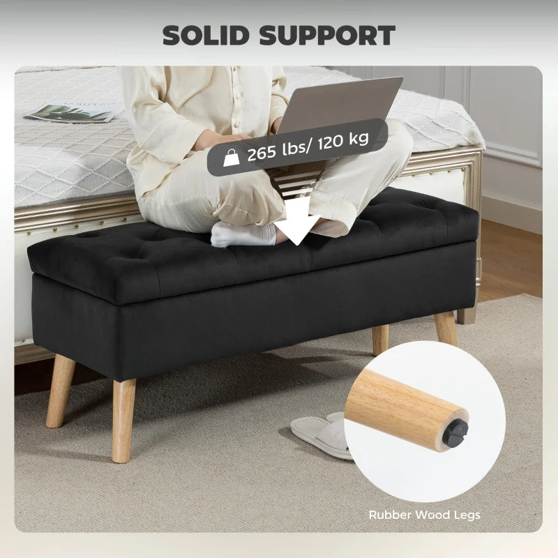 Storage Ottoman with Lid, Velvet Upholstered Storage Bench with Wood Legs for Living Room, Black