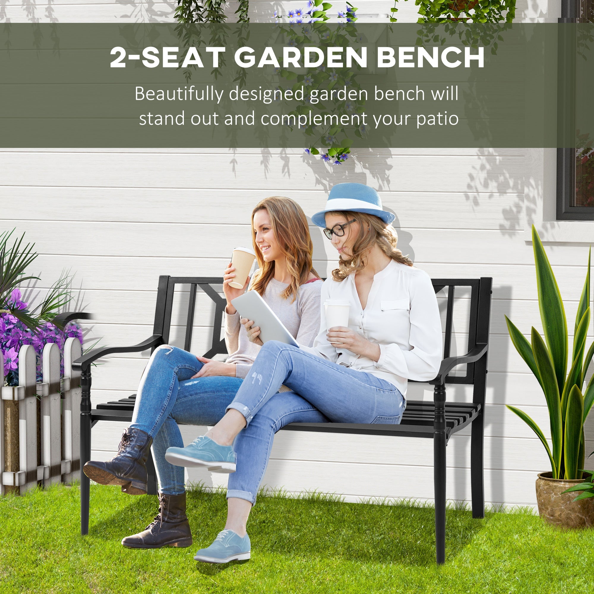 Outsunny Steel Garden Bench 2-person Outdoor Loveseat Black Durable Patio Furniture for Lawn Deck Yard Porch Entryway