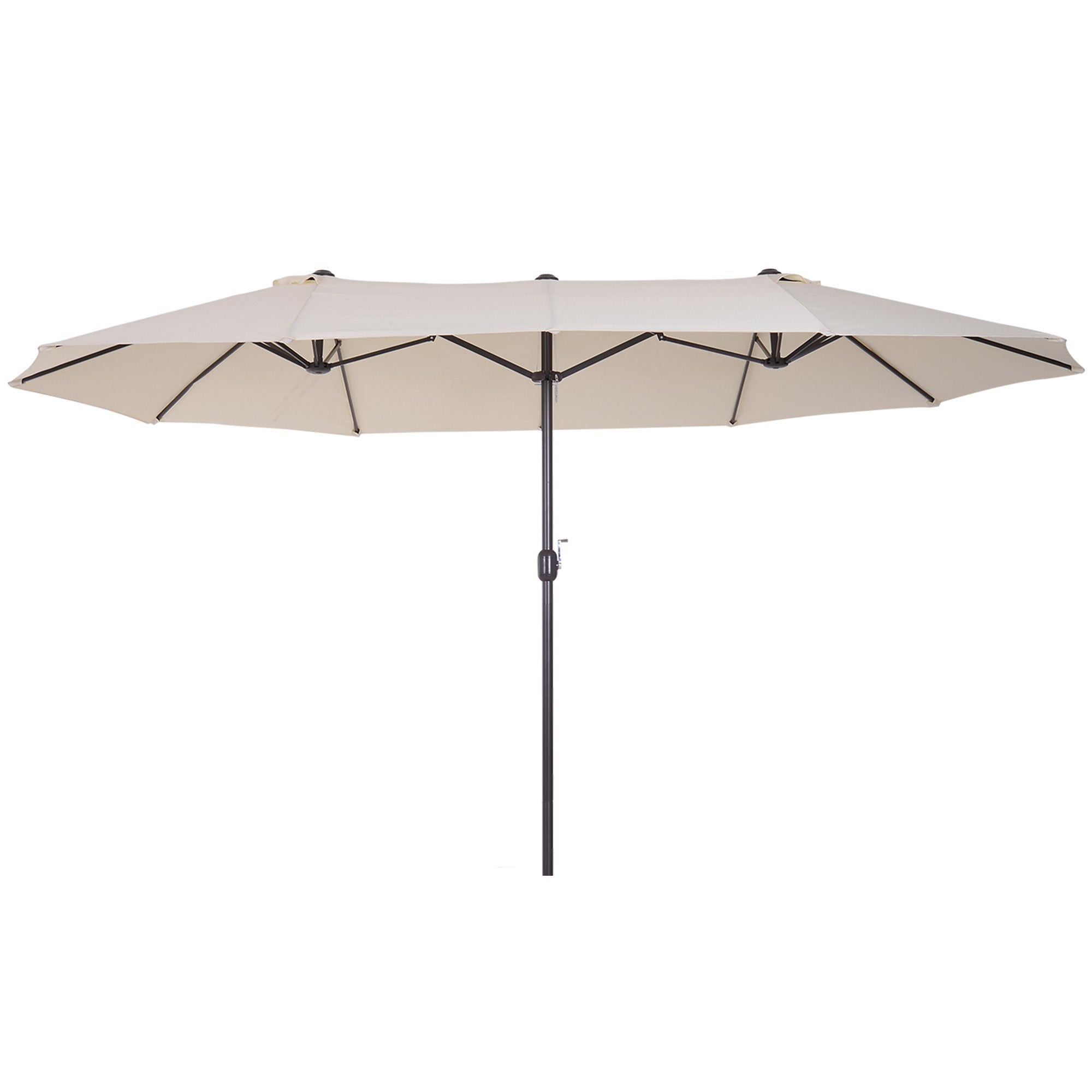 Outsunny 15ft Beige Twin Canopy Patio Umbrella Outdoor Sunshade with Steel Table Lift Crank for Spacious Shade