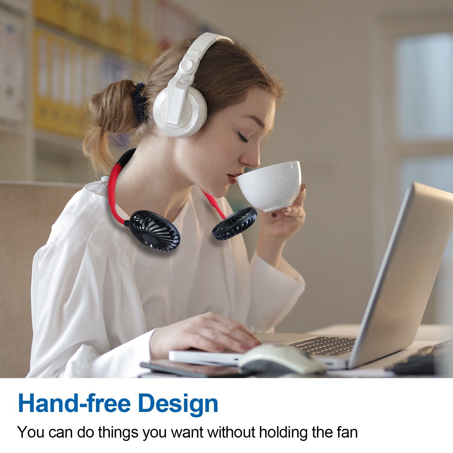 Neck Hanging Fan Hand Free Portable Aromatherapy USB Fans 360°Rotatable Rechargeable Dual Cooling Fans w/Color Changing Led