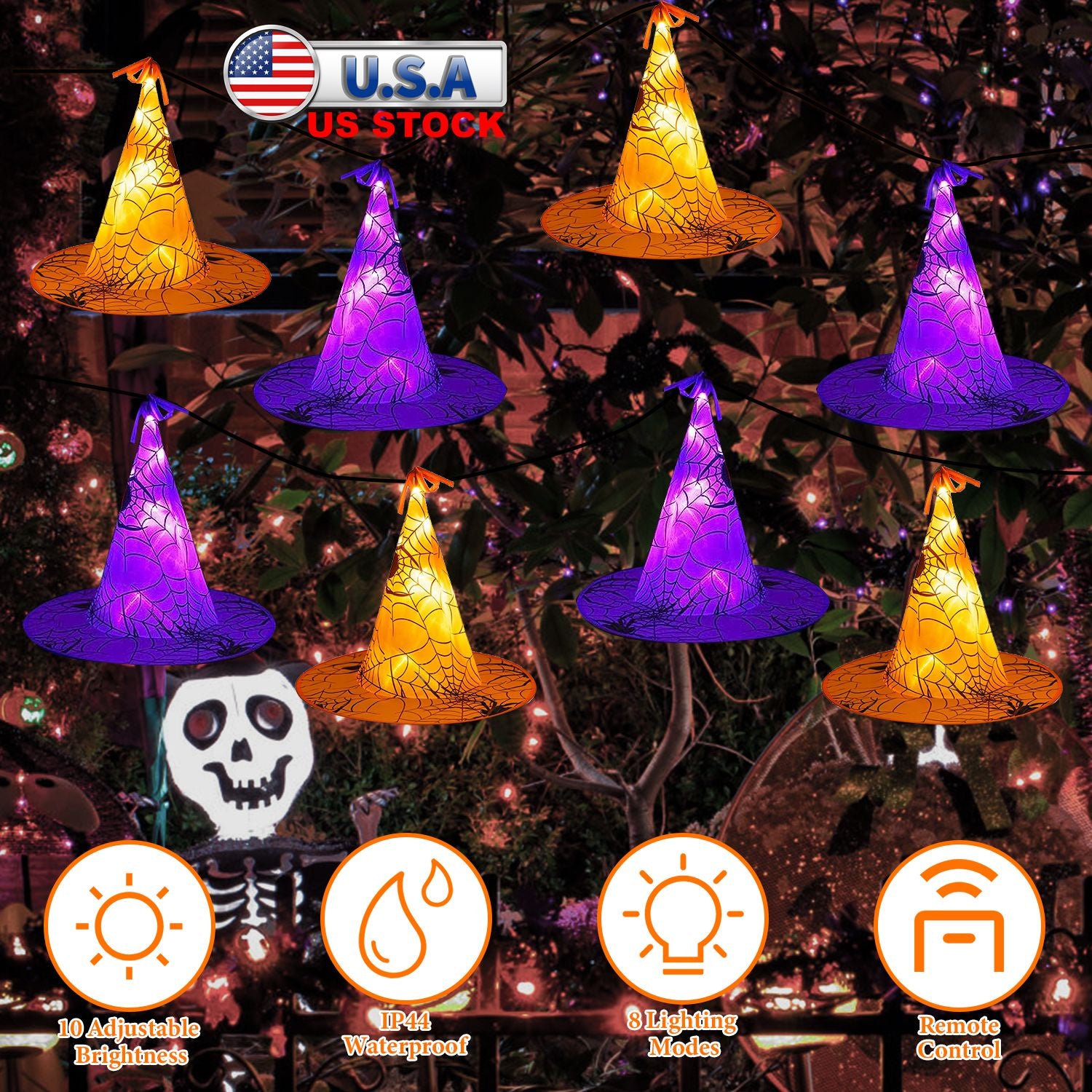 8 Pack 13FT Witch Hat Hanging String LED Light Halloween Decoration Battery Powered Remote Control 8 Lighting Modes Glowing Outdoor Indoor Halloween P
