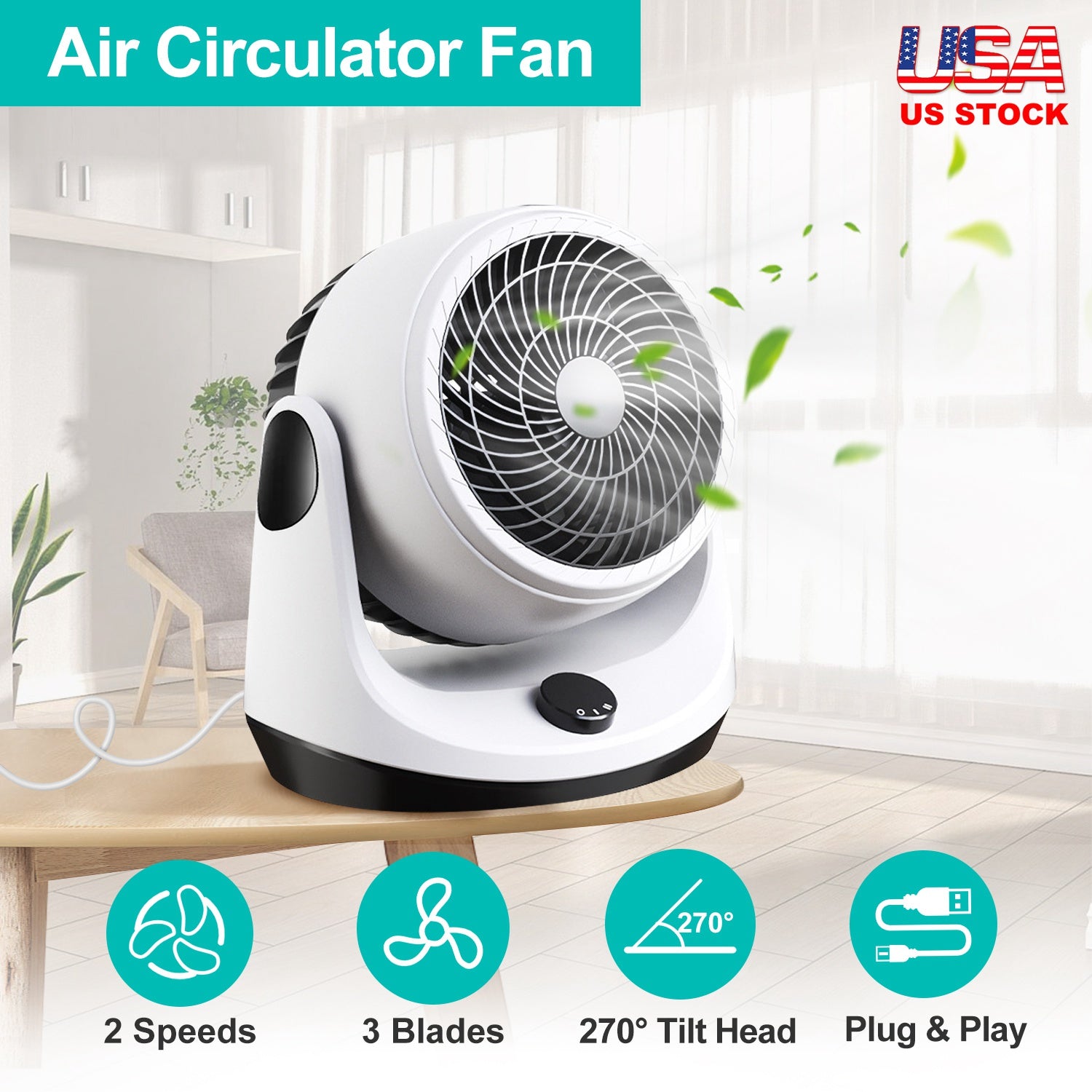 Table Desktop Fan Air Circulator Office Fan with 2 Speeds 270° Adjustable Head USB Plug Play for Room Office Kitchen Office