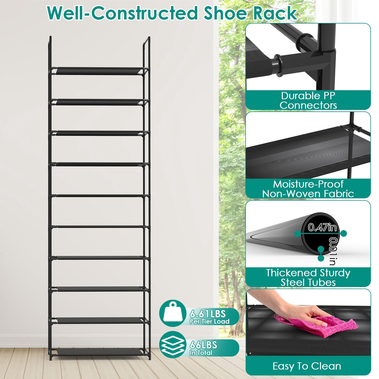 10 Tiers Shoe Rack Space-Saving 25-30Pairs Tall Shoe Shelf 23.03x10.82x72.83Inches Non-Woven Fabric Vertical Shoe Organizer For Hallway Entryway Close