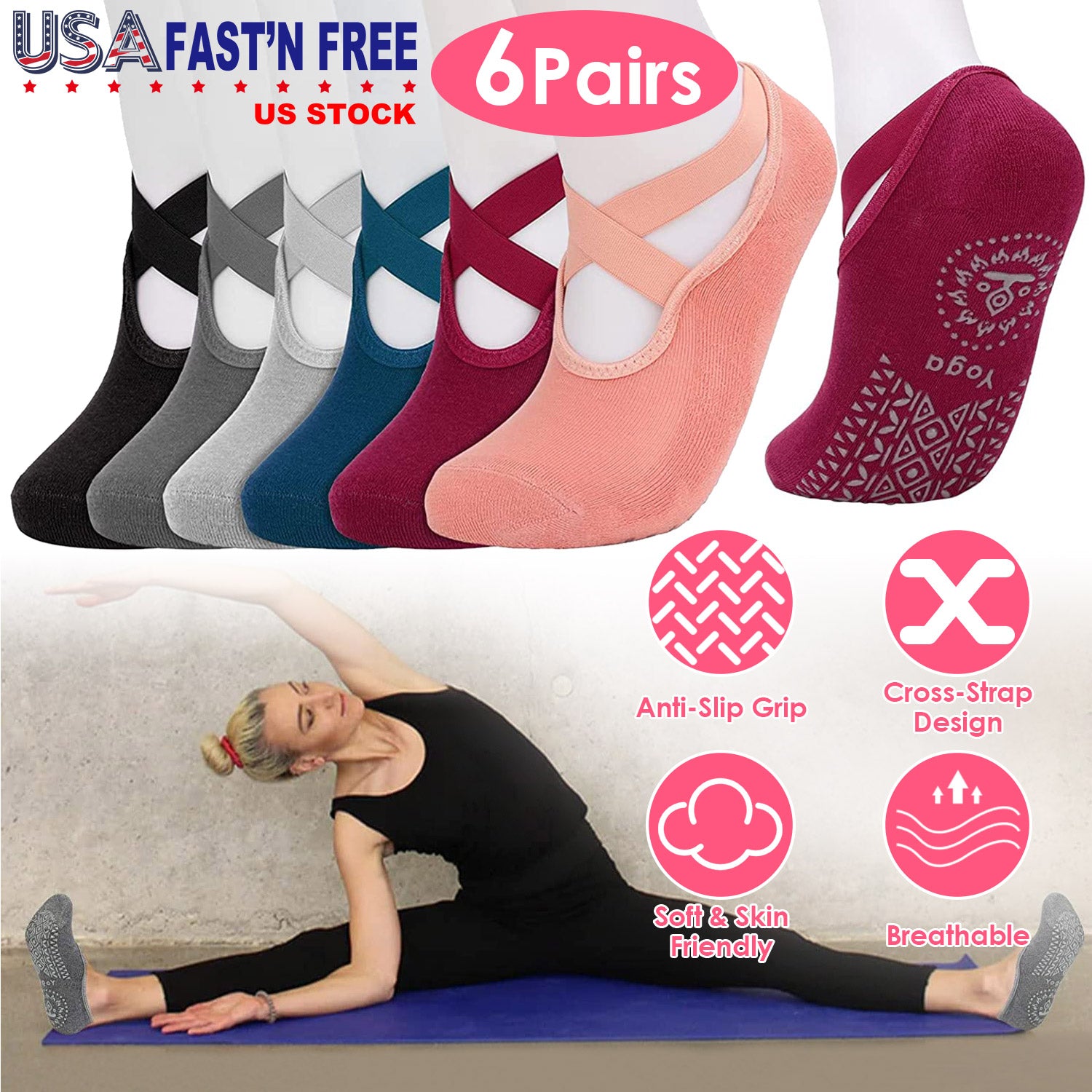 6 Packs Women Yoga Socks with Straps Non-Slip Grips for Pilates Pure Hospital Walking Dance Indoor