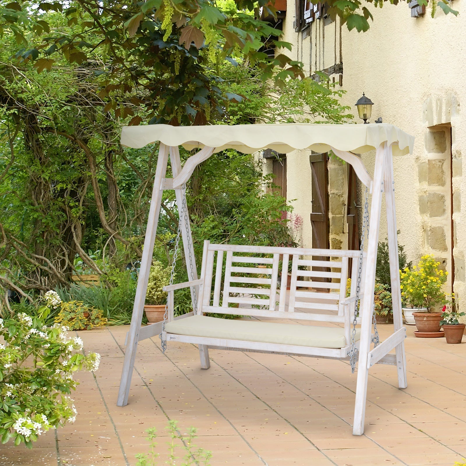 Outsunny Porch Perfection: 2-Seater Swing with Stand, Canopy, Cushion, Outdoor Wooden Swing Chair Bench