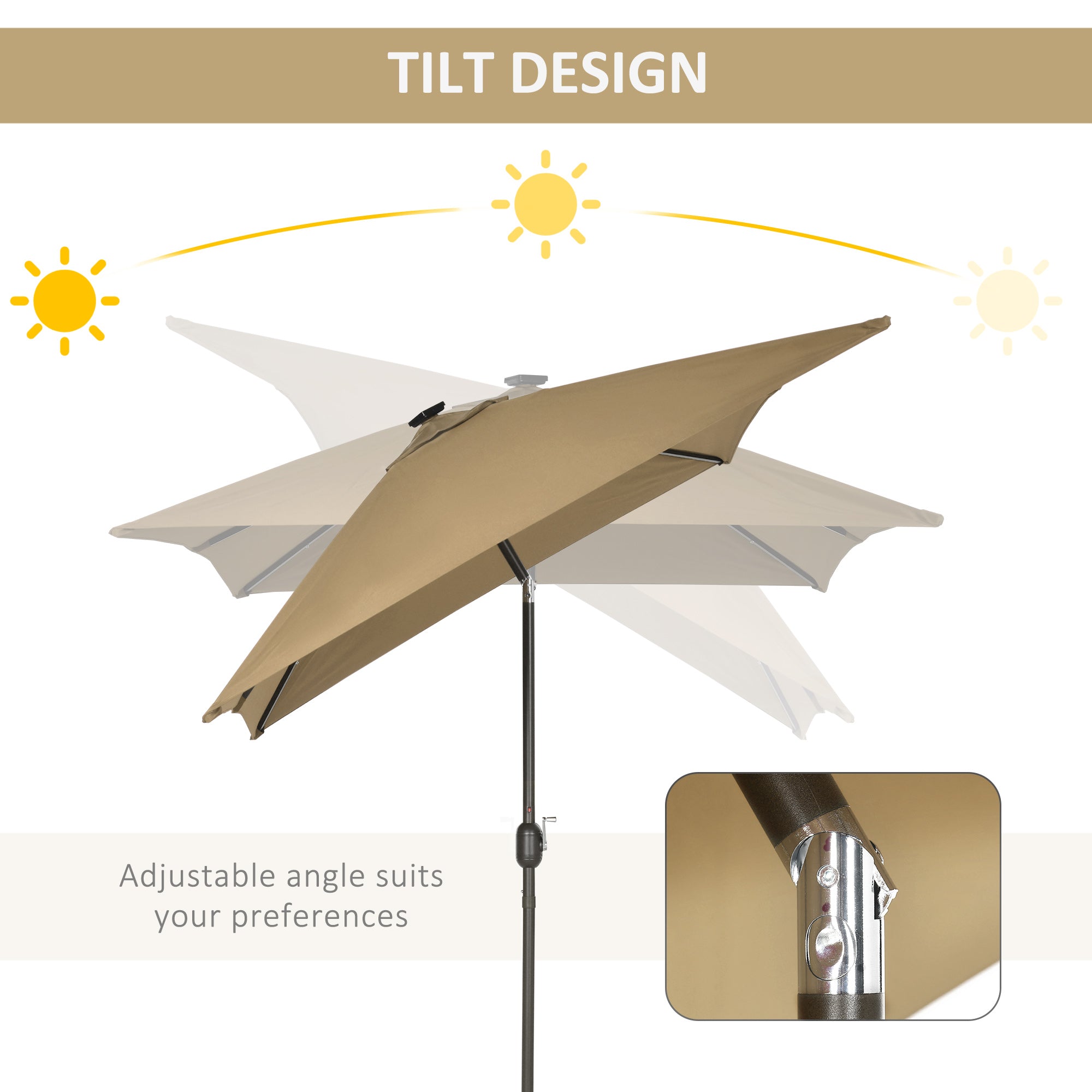 Outsunny Patio Umbrella 6.5x10ft Rectangle Solar LED Outdoor Parasol Aluminum Tilt Market Umbrella Light Coffee