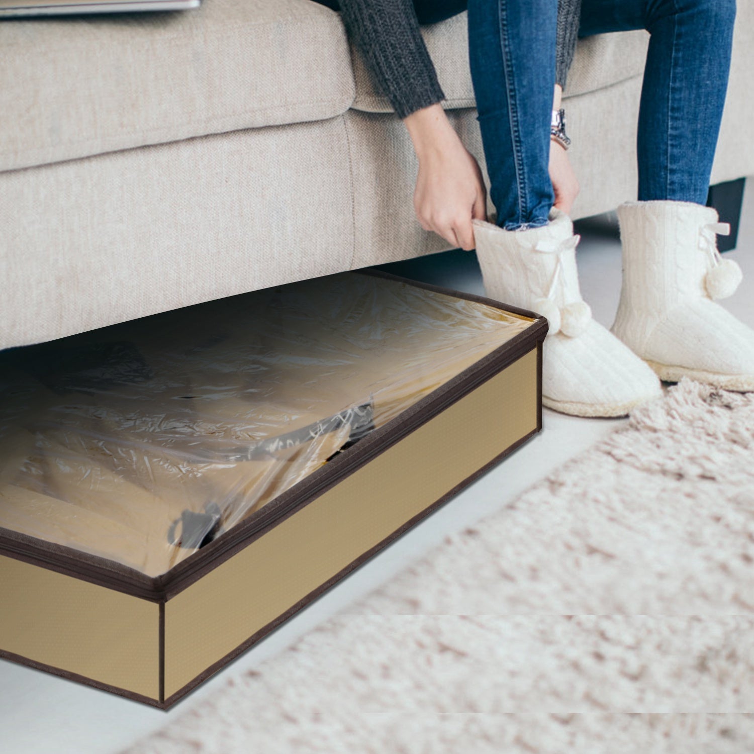 12 Cells Under Bed Shoes Organizer Shoes Container Box Holder with Front Zipper Clear Cover Breathable Foldable Closet Shoes Bag