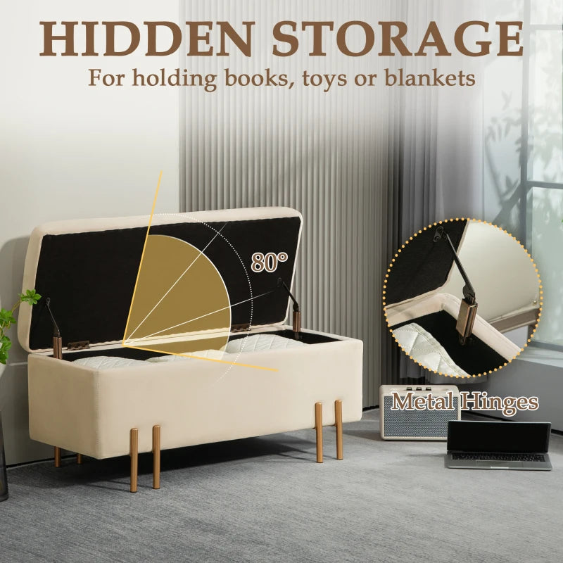 Storage Ottoman Bench, Flip-Top Bedroom Bench, 18.5 Gallons, Modern Velvet Storage Chest with Metal Legs, Beige