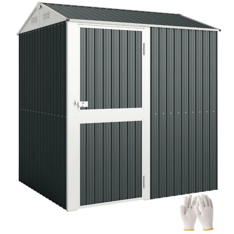 7' x 6' Tall Outdoor Storage Shed, Waterproof Metal Garden Shed with Gloves, Lockable Door, Dark Grey