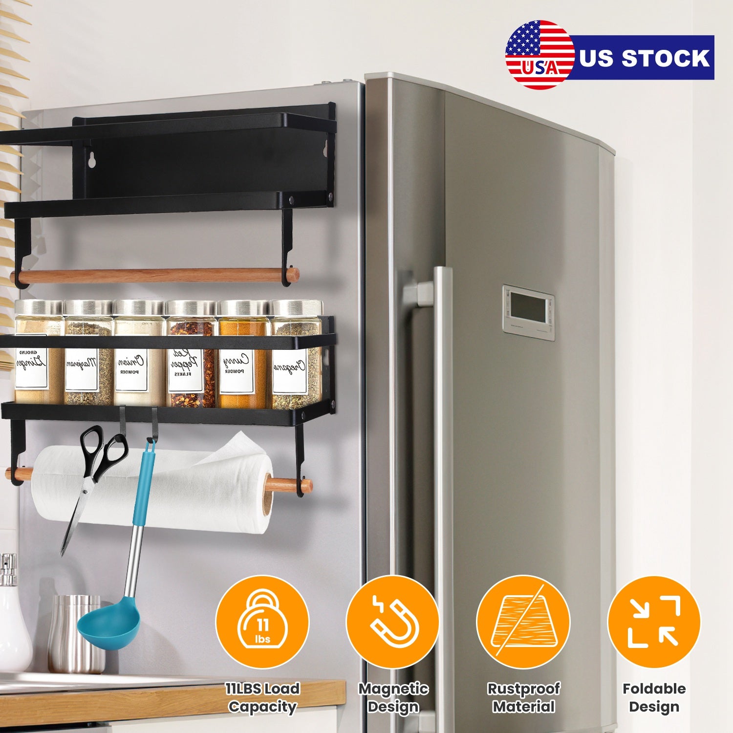 2Pcs Magnetic Spice Racks for Refrigerator With Paper Towel Holder Hooks Kitchen Space-Saving Foldable Fridge Magnet Organizer For Oven Microwave Wash