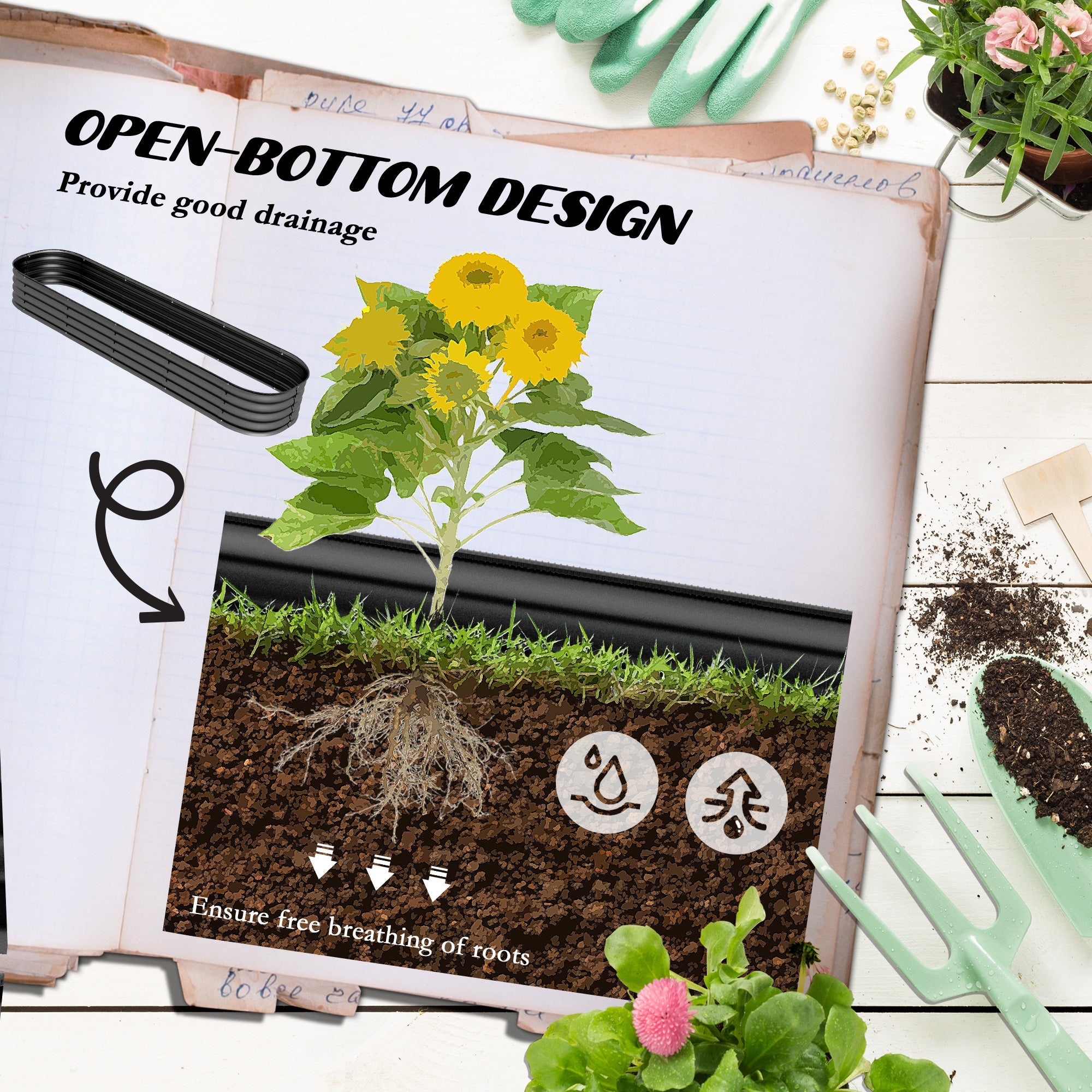 Outsunny 7.9 x 2 x 1ft Galvanized Raised Garden Bed Kit, Metal Planter Box with Safety Edging, Dark Grey